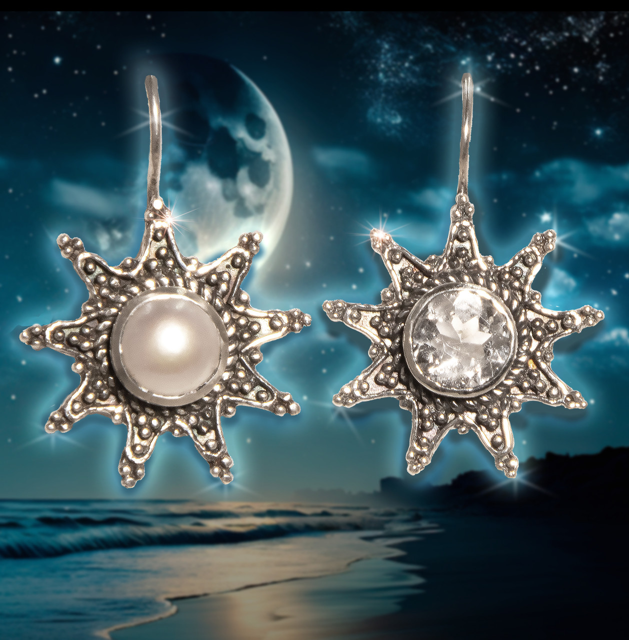 The Moon And Stars Magical Wish Earrings.  Helps you manifest all your wildest dreams on a starlit night. Pearl and white topaz in a sacred design.