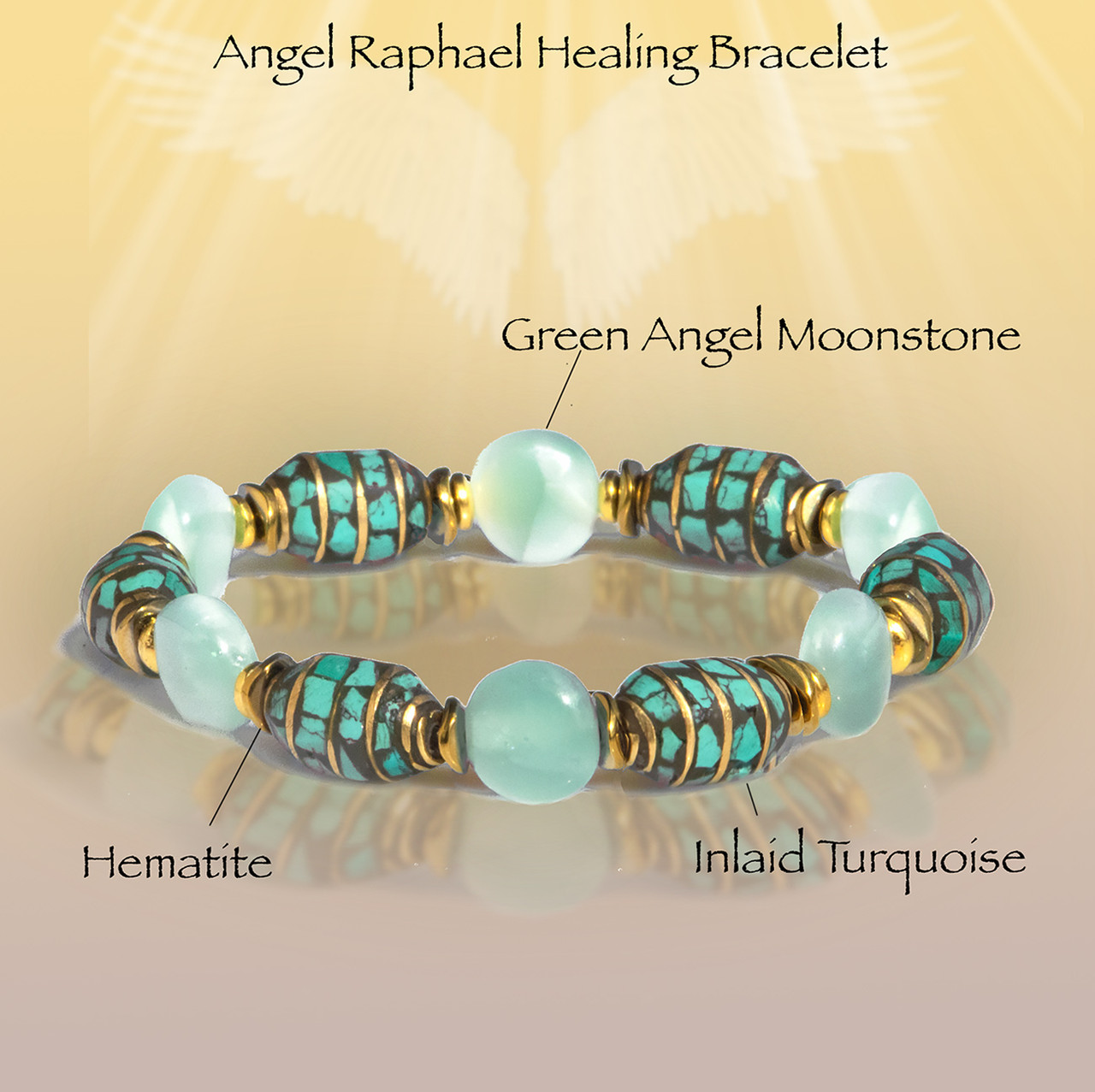 Image of The &ldquo;Healing From Above&rdquo; Angel Raphael Bracelet. Stones believed to call down the angel to heal you. Includes green angel stone, turquoise, hematite.