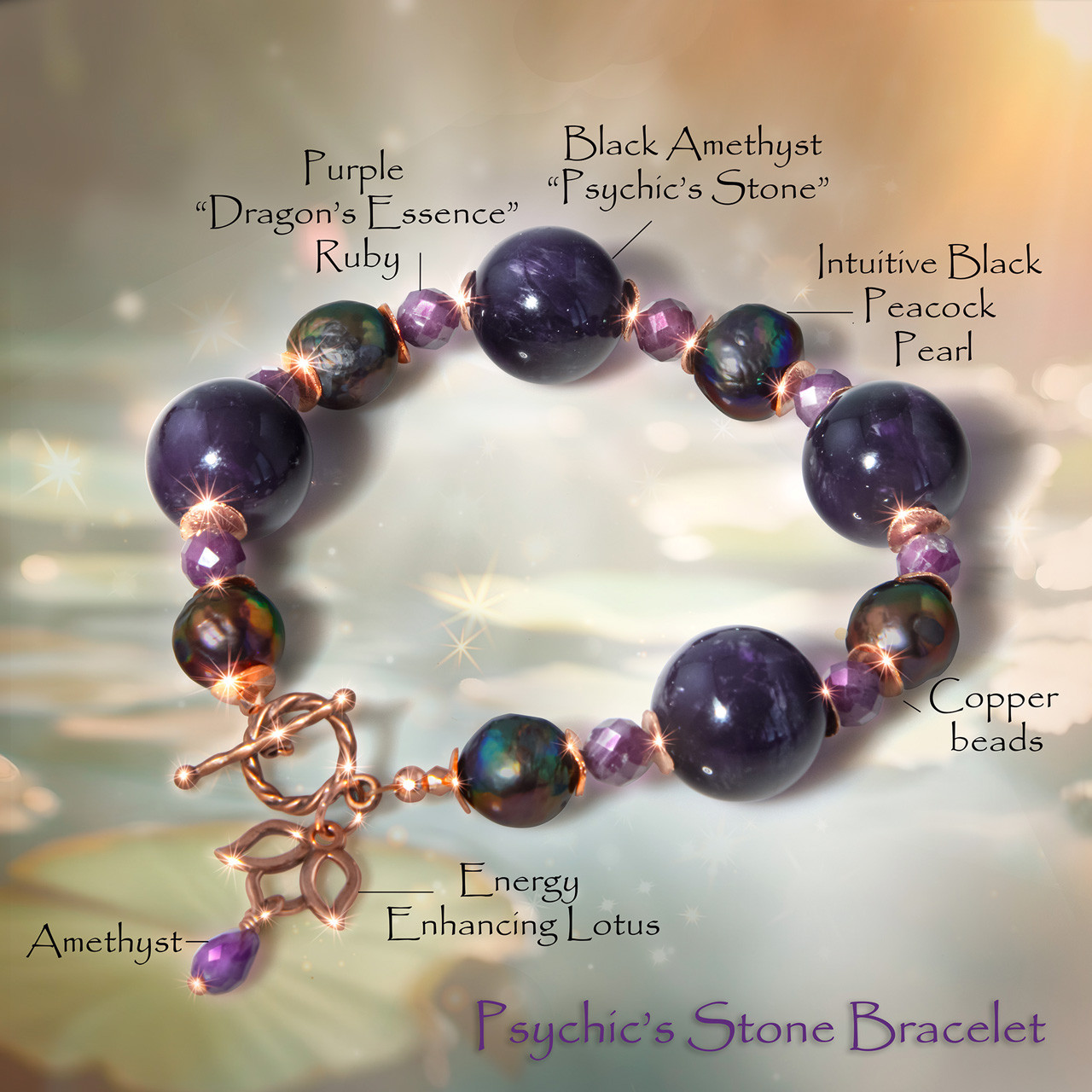 Image of The Black Amethyst "Psychic's Stone" Bracelet - - Rare, powerful, highly sought after.  Also includes intuitive black rainbow peacock pearls and powerful "dragon essence" purple rubies.