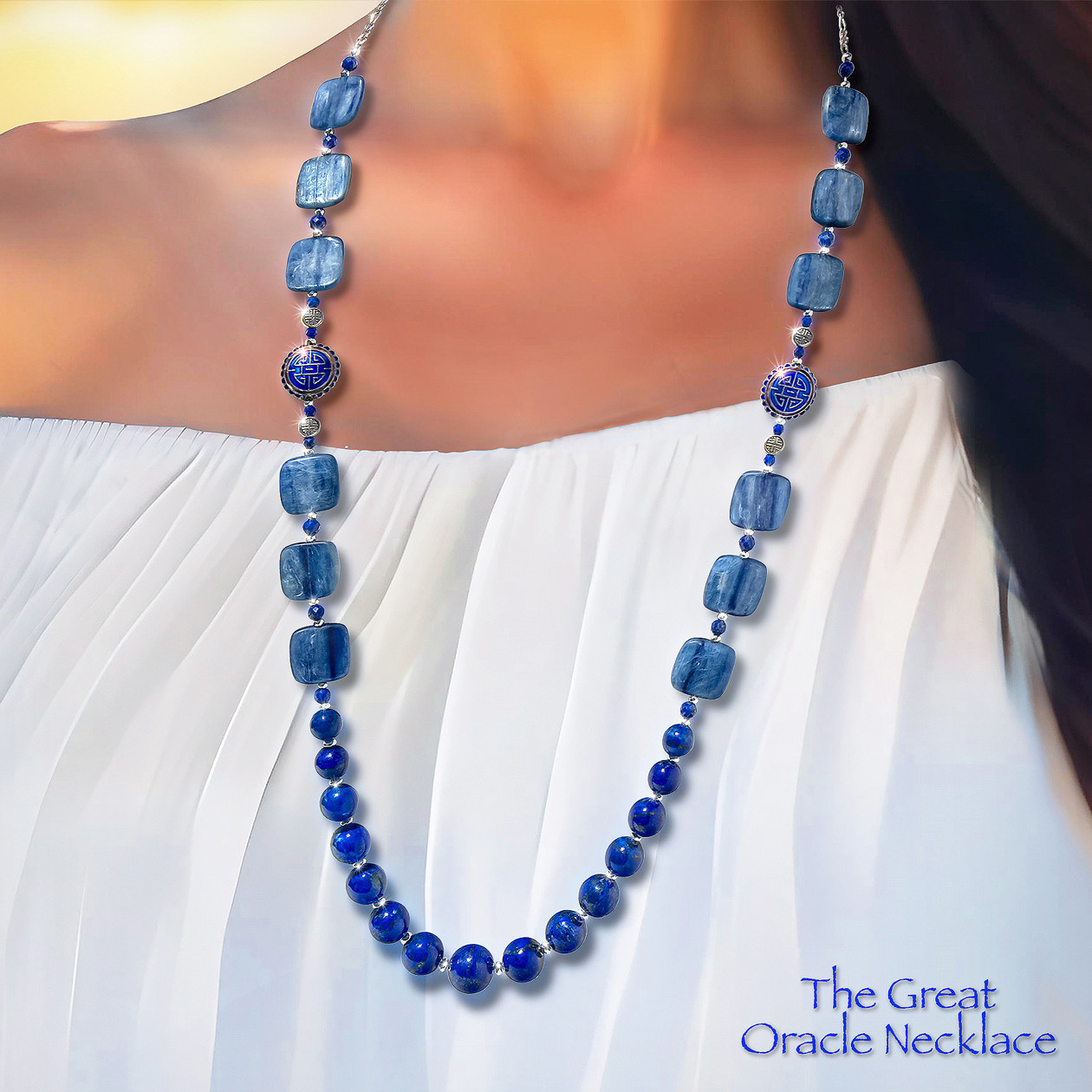 Image of The Great Oracle Necklace.  For receiving, understanding and communicating visionary insights, wisdom and advice. Vintage lapis and kyanite. 