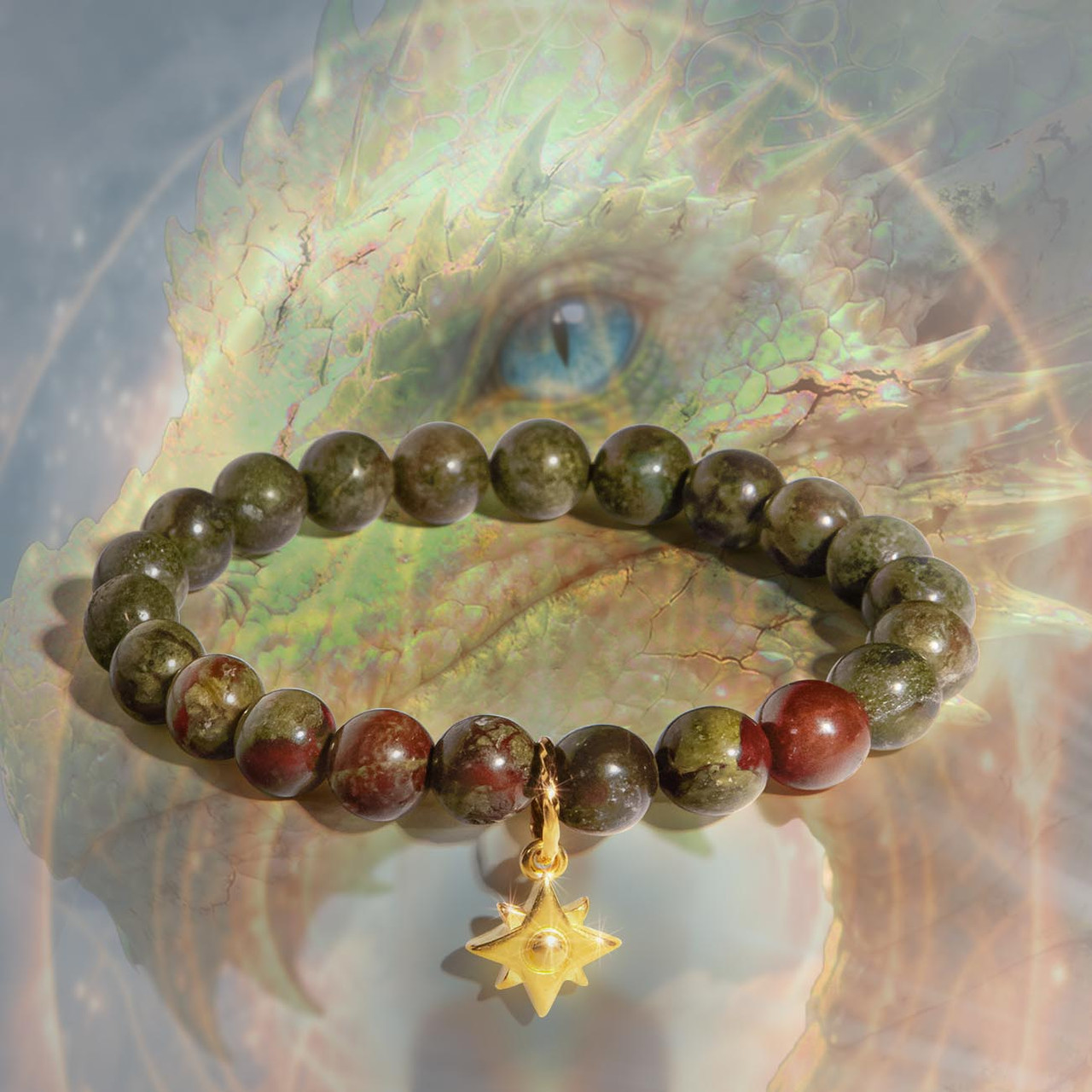 Image of The Dragon Master Empowerment Bracelet .  For confidence, power and abundance.  Dragon's blood and 24 carat, gold plated 8 point star.