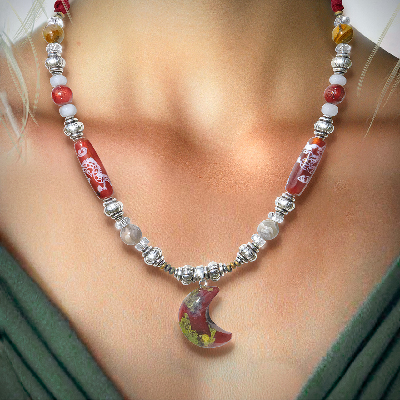 Image of The "Dragon Within" Awakening Necklace. Includes shaman's guide to awakening and riding your dragon.  Etched dragon beads & dragon's blood .