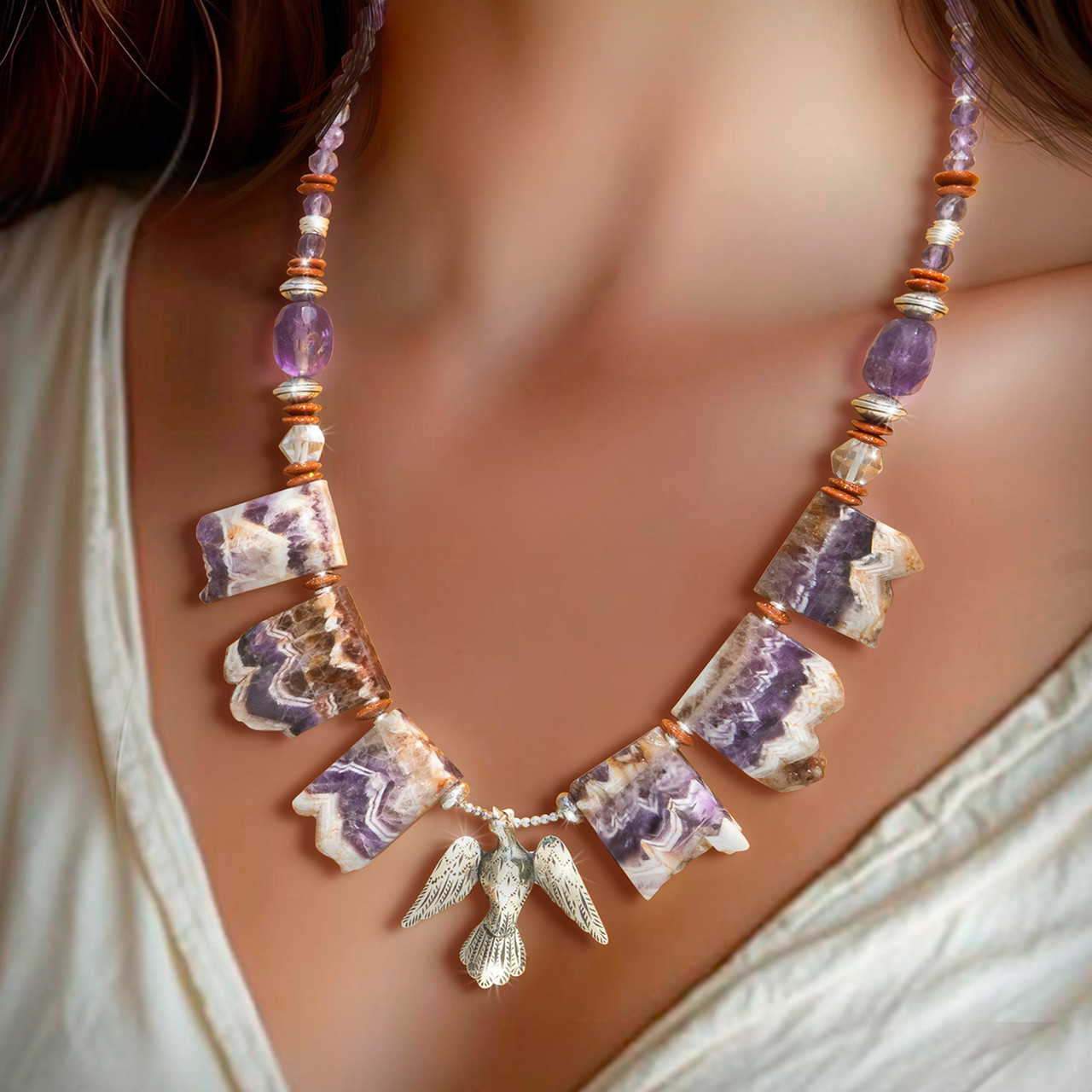 Image of Live Show J1. The Bright And Beautiful Soul Necklace. Amethyst Slice.  Silver Dove. 