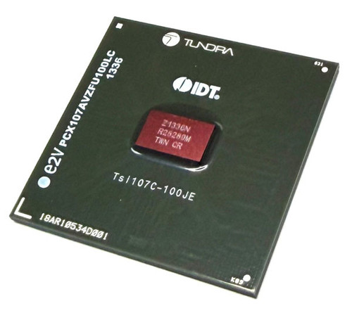 IDT PCX107AVZFU100LC TUNDRA E2V specialized, military-grade PCI Bridge and Memory Controller Integrated Circuit 


Key Technical Specifications
Function: Highly integrated PCI bridge and memory controller supporting 64-bit or 32-bit data pathways.
Maximum Frequency: 66 MHz.
Nominal Supply Voltage: 2.5 V DC (Operating range between 2.375V and 2.625V).
Operating Temperature: Extreme rugged range from -55 °C to 125 °C, denoting its military/aerospace specification grade.
Package/Case Type: 503-pin Flip-Chip Plastic Ball Grid Array (503-pin FCBGA / PBGA).