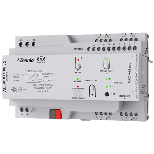 ALLinBOX 88 v2. Multifunction device with KNX power supply, KNX-IP Interface, 8 outputs/8 inputs and logic module