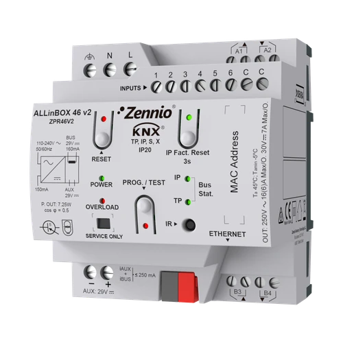 ALLinBOX 46 v2. Multifunction device with KNX power supply, KNX-IP Interface, 4 outputs/6 inputs and logic module