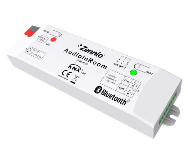 AudioinRoom. KNX controller for audio with Bluetooth and auxiliary input. 4 outputs x 10W