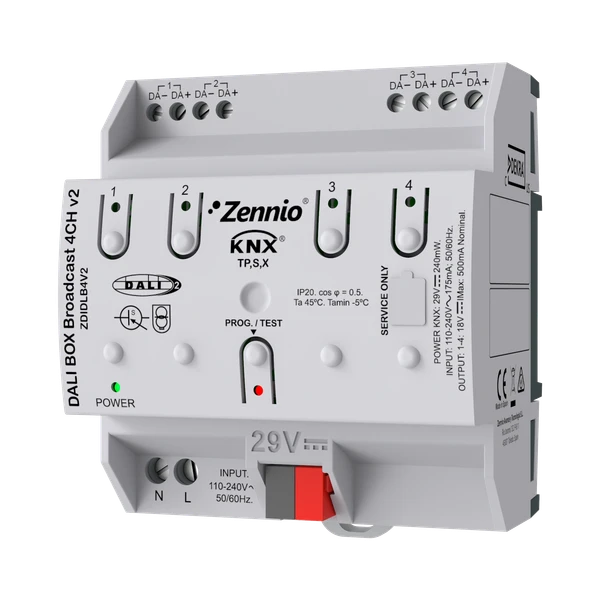 DALI BOX Broadcast 4CH v2. KNX-DALI Broadcast Interface to control up to 250 ballasts in 4 channels