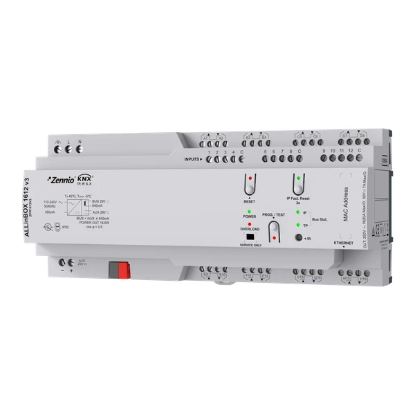 ALLinBOX 1612 v3. Multifunction device with KNX power supply, KNX-IP Interface, 16 outputs/12 inputs and logic module