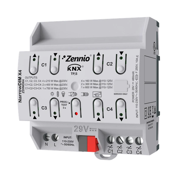 NarrowDIM X4. Universal dimmer actuator. 4 channels x 210W. 4.5 DIN units