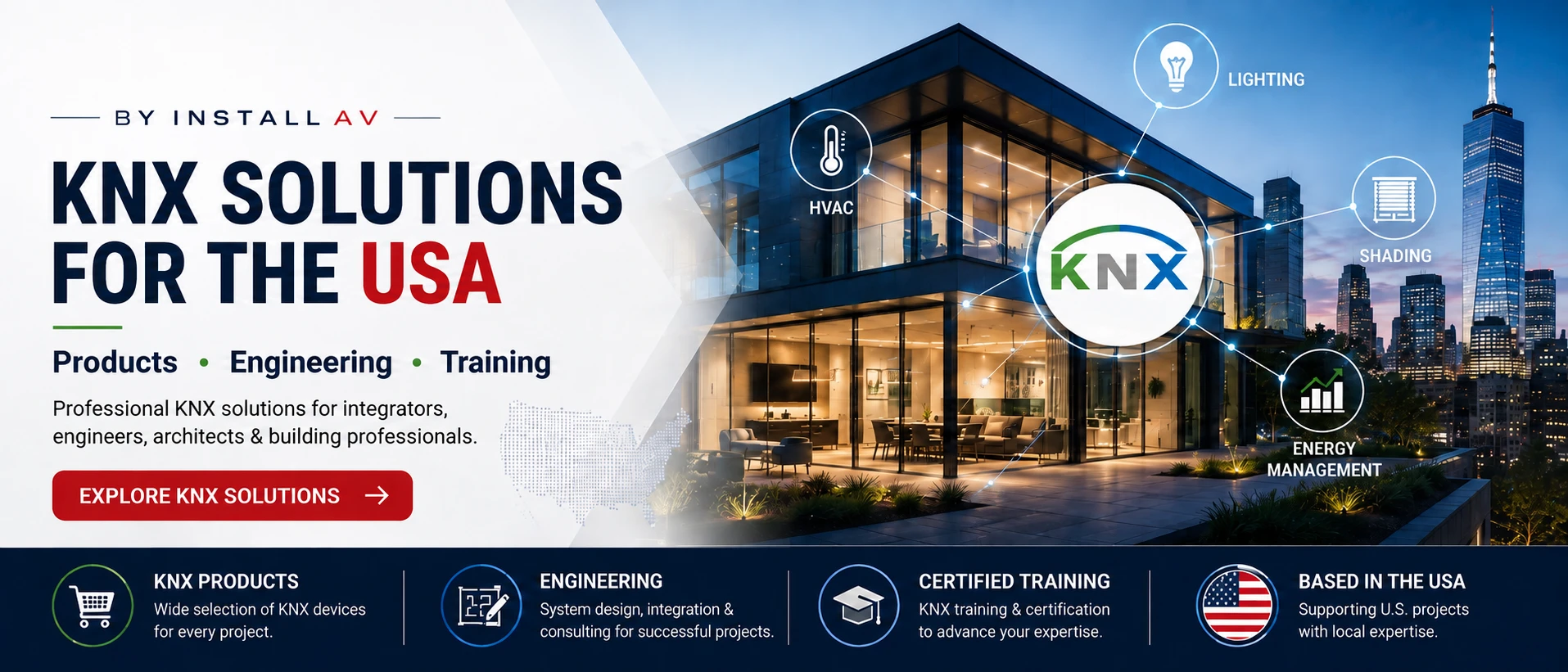 Professional KNX solutions for integrators, engineers, architects and building professionals in the USA, including KNX products, engineering and training.