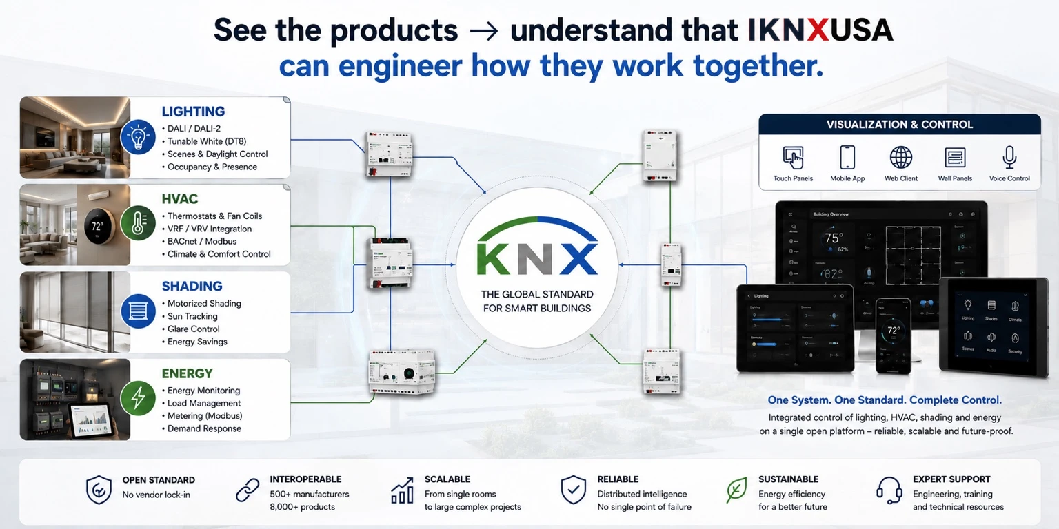 KNX engineering system architecture integrating lighting, HVAC, shading and energy management with visualization and building automation control.
