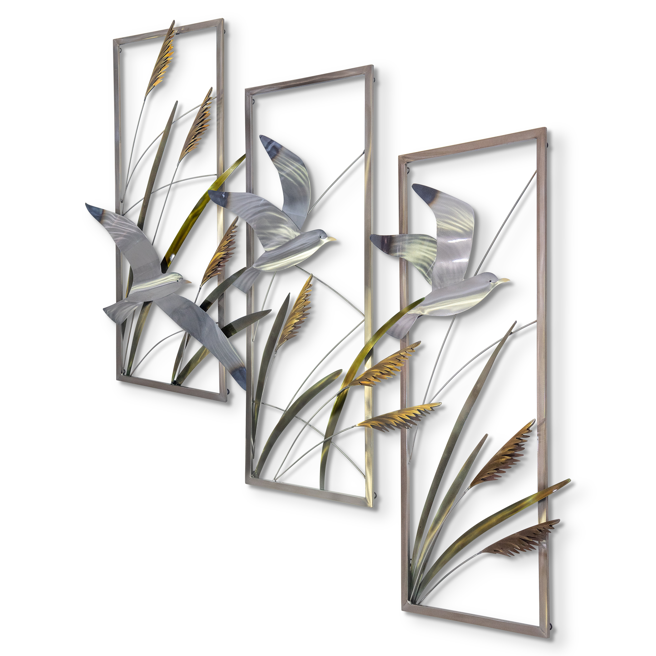 Seagulls and Sea Oats Triptych MM215, Copper Art, Mark Malizia