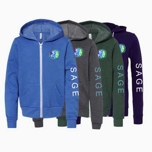 Sage Sponge Fleece Full-Zip Hoodie with Embroidered Globe Logo and Screen Printed Letters on Sleeve