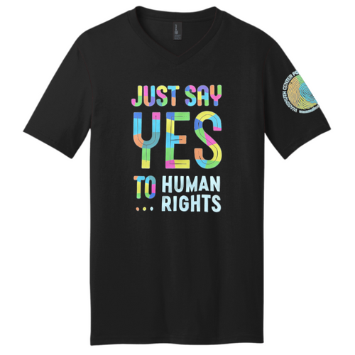 Wassmuth V-Neck Tee with Human Rights Logo on Front and Finger Print Logo on Left Sleeve