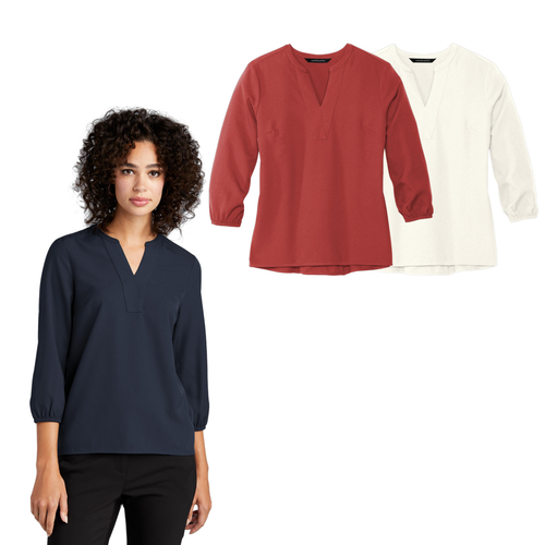 Turn-Key Medical Stretch 3/4-Sleeve Blouse  with Embroidered Logo on Left Chest