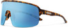 Profile View of Suncloud Amplify Polarized Shield Semi-Rimless Sunglasses Unisex Acetate 149 mm in Tortoise Havana & Aqua Blue Mirror