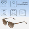 Dimensions and Measurements Illustration of OTIS Omar Designer Polarized Reading Sunglasses with Custom Cut Powered Amber Brown Lenses in Eco Hornwood Unisex Round Full Rim Acetate 50 mm