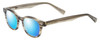 Profile View of Eyebobs Bitty Witty Designer Polarized Sunglasses with Custom Cut Blue Mirror Lenses in Amber Brown Crystal Marble Ladies Round Full Rim Acetate 42 mm