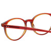 Close Up View of Eyebobs Case Closed Designer Reading Eye Glasses with Prescription Bi-Focal Rx Lenses in Red Layer Orange Crystal Ladies Round Full Rim Acetate 47 mm