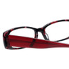 Close Up View of Eyebobs Co Conspirator Designer Reading Eye Glasses with Single Vision Prescription Rx Lenses in Black Red Pink Tortoise Havana Ladies Rectangle Full Rim Acetate 51 mm