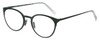 Profile View of Eyebobs Jim Dandy Designer Blue Light Blocking Eyeglasses in Satin Forest Green Crystal Unisex Round Full Rim Metal 50 mm