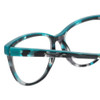 Close Up View of Eyebobs Myrna Designer Reading Eye Glasses with Custom Left and Right Powered Lenses in Black Turquoise Blue Marble Tortoise Havana Grey Ladies Cateye Full Rim Acetate 54 mm