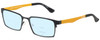 Profile View of Eyebobs Protractor Designer Progressive Lens Blue Light Blocking Eyeglasses in Gun Metal Black Mustard Yellow Unisex Square Full Rim Metal 54 mm with Blue Light Zone functionality illustration laid over the lens
