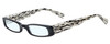 Profile View of Eyebobs Thick Eye Designer Blue Light Blocking Eyeglasses in Gloss Black Mosaic Crystal White Ladies Rectangle Full Rim Acetate 50 mm