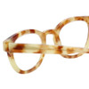Close Up View of Eyebobs Waylaid Designer Reading Eye Glasses with Single Vision Prescription Rx Lenses in Caramel Blonde Tortoise Havana Brown Gold Ladies Round Full Rim Acetate 46 mm