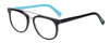 Profile View of Eyebobs Wedge Designer Reading Eye Glasses with Custom Cut Powered Lenses in Black Silver Powder Baby Blue Unisex Round Full Rim Acetate 52 mm