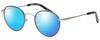 Profile View of Eyebobs BFF 3173-00 Designer Polarized Sunglasses with Custom Cut Blue Mirror Lenses in Silver Black Unisex Oval Full Rim Metal 46 mm