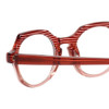Close Up View of Eyebobs Heda Letus 2744-01 Designer Single Vision Prescription Rx Eyeglasses in Red Pink Stripe Crystal Ladies Round Full Rim Acetate 47 mm