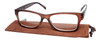 Front and Case View of Calabria Morgan Rectangle Designer Blue Light Block Glasses 52 mm in Brown Frost
