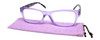 Front and Case View of Calabria Morgan Rectangular Designer Blue Light Glasses 52mm Violet Frost Purple