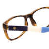 Close Up View of Ann Taylor ATR040 Designer Reading Eye Glasses with Custom Cut Powered Lenses in Tortoise Havana Brown Gold Navy Blue Stripe Ladies Classic Full Rim Acetate 52 mm