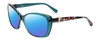 Profile View of Bebe BB7141-471 Designer Polarized Reading Sunglasses with Custom Cut Powered Blue Mirror Lenses in Crystal Teal Blue Green Tortoise Brown Gold Ladies Cateye Full Rim Acetate 57 mm