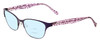 Profile View of Lucky Brand D100 Designer Progressive Lens Blue Light Blocking Eyeglasses in Purple Cheetah Lavender Ladies Oval Full Rim Metal 52 mm with Blue Light Zone functionality illustration laid over the lens