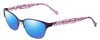 Profile View of Lucky Brand D100 Designer Polarized Reading Sunglasses with Custom Cut Powered Blue Mirror Lenses in Purple Cheetah Lavender Ladies Oval Full Rim Metal 52 mm