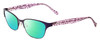 Profile View of Lucky Brand D100 Designer Polarized Reading Sunglasses with Custom Cut Powered Green Mirror Lenses in Purple Cheetah Lavender Ladies Oval Full Rim Metal 52 mm