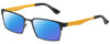 Profile View of Eyebobs Protractor Designer Polarized Sunglasses with Custom Cut Blue Mirror Lenses in Gun Metal Black Mustard Yellow Unisex Square Full Rim Metal 54 mm