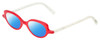 Profile View of Eyebobs Peep Show Designer Polarized Sunglasses with Custom Cut Blue Mirror Lenses in Red Crystal White Marble Ladies Cateye Full Rim Acetate 46 mm
