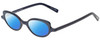 Profile View of Eyebobs Peep Show Designer Polarized Sunglasses with Custom Cut Blue Mirror Lenses in Deep Purple Blue Marble Ladies Cateye Full Rim Acetate 46 mm