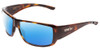 Profile View of Smith Optics Guides Choice Designer Polarized Sunglasses with Custom Cut Blue Mirror Lenses in Tortoise Havana Brown Gold Mens Wrap Full Rim Acetate 62 mm