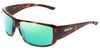 Profile View of Smith Optics Guides Choice Designer Polarized Reading Sunglasses with Custom Cut Powered Green Mirror Lenses in Tortoise Havana Brown Gold Mens Wrap Full Rim Acetate 62 mm