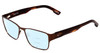 Profile View of SPY Optics Jett Designer Progressive Lens Blue Light Blocking Eyeglasses in Mahogany Red Mojave Unisex Square Full Rim Metal 54 mm with Blue Light Zone functionality illustration laid over the lens