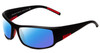 Profile View of Bolle King Designer Polarized Sunglasses with Custom Cut Blue Mirror Lenses in Matte Black Satin Metal Red Unisex Wrap Full Rim Acetate 64 mm