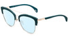 Profile View of Police SPL618 Designer Blue Light Blocking Eyeglasses in Teal Blue Crystal Glitter Ladies Cateye Full Rim Metal 54 mm