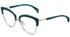 Profile View of Police SPL618 Designer Progressive Lens Blue Light Blocking Eyeglasses in Teal Blue Crystal Glitter Ladies Cateye Full Rim Metal 54 mm with Blue Light Zone functionality illustration laid over the lens