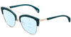 Profile View of Police SPL618 Designer Progressive Lens Blue Light Blocking Eyeglasses in Teal Blue Crystal Glitter Ladies Cateye Full Rim Metal 54 mm with Blue Light Zone functionality illustration laid over the lens
